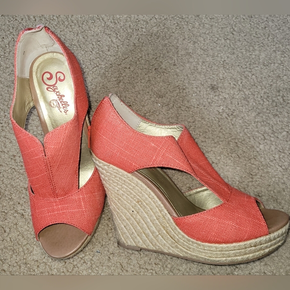 Seychelles Orange & Tan Espadrille Peep-toe Zip Back Wedges Women's Size 9 - Picture 2 of 6